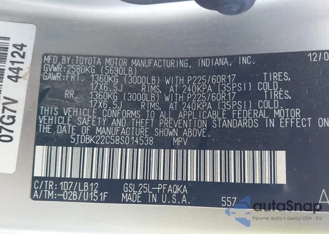 2008 Toyota Sienna Limited from USA, damaged, VIN 5TDBK22C58S014538